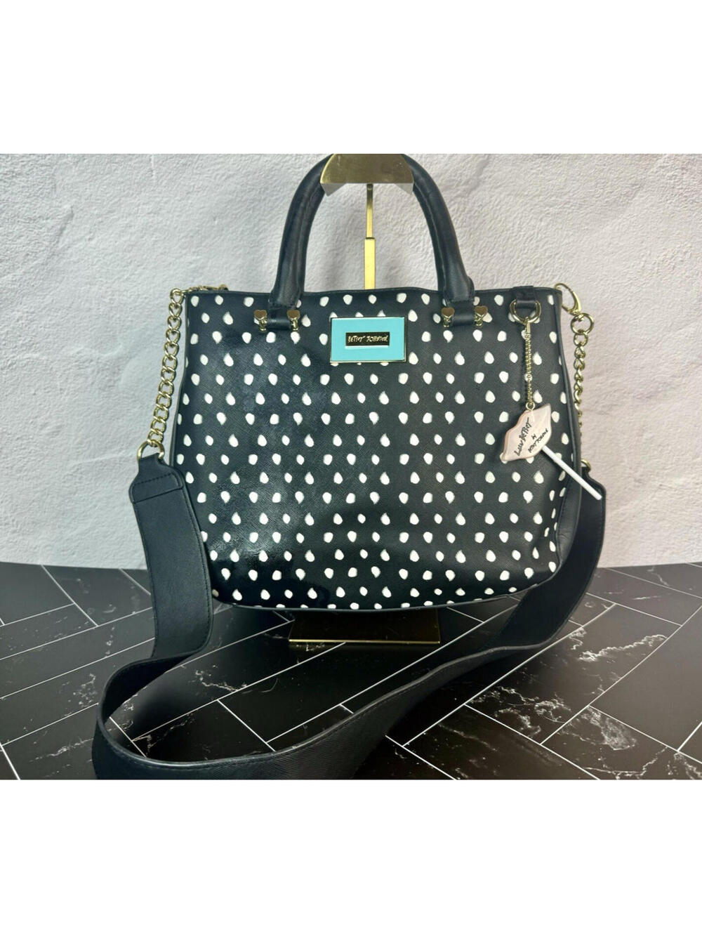 Betsey‎ Johnson Black White Polka Dot Tote Bag w/ Crossbody Strap Large